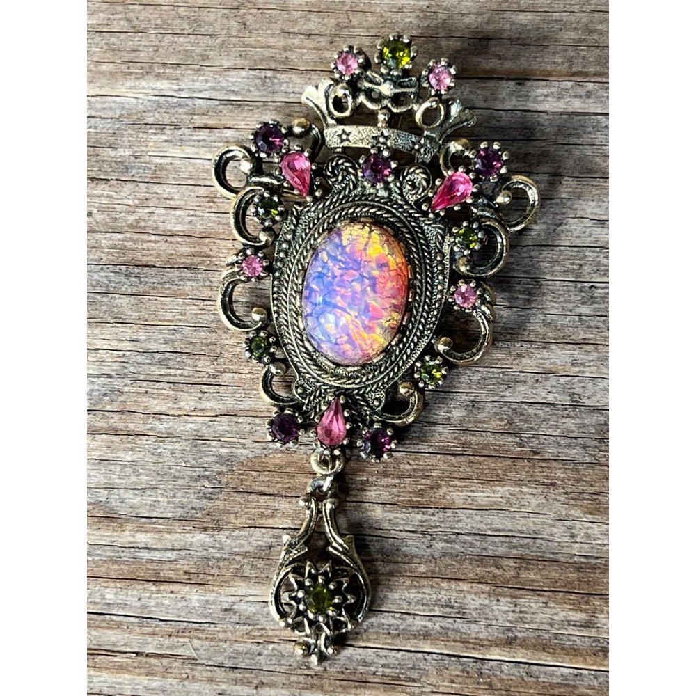 Vintage SARAH COVENTRY Contessa Pink Fire Opal Green Pink Stones Brooch Pendant